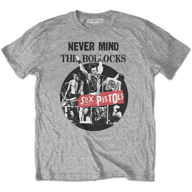 THE SEX PISTOLS UNISEX T-SHIRT: NEVER MIND THE BOLLOCKS DISTRESSED LIVE GREY