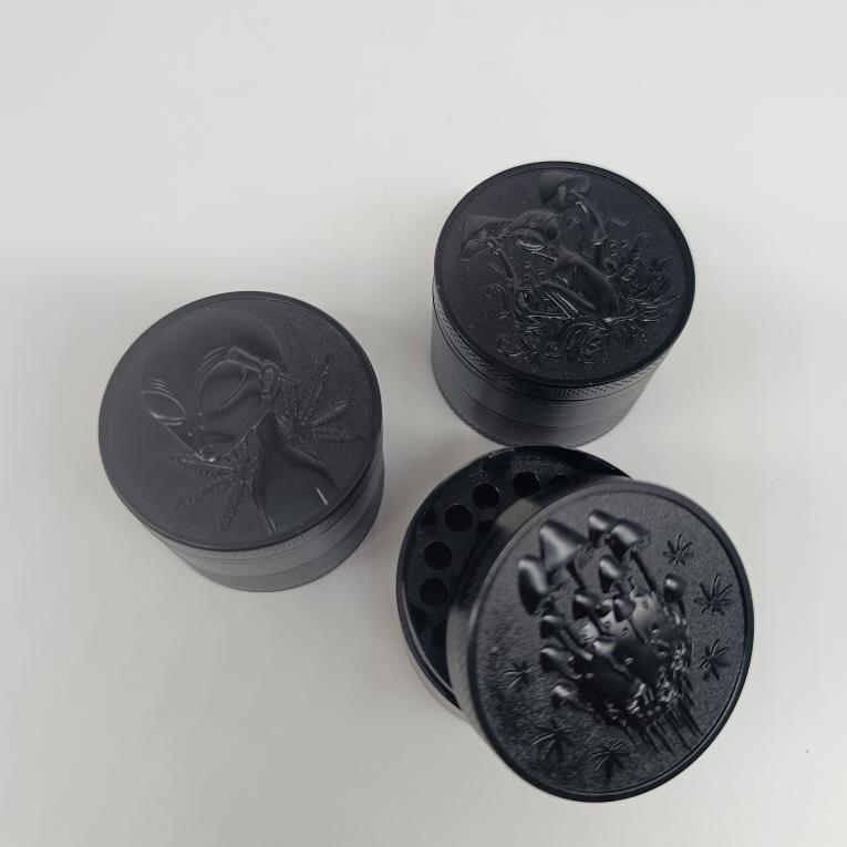 'Alien & Shrooms' Matte Black Collection 4-Part Herb Grinders