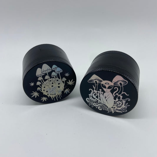 'Alien & Shrooms' Black & Silver Collection 4-Part Herb Grinders