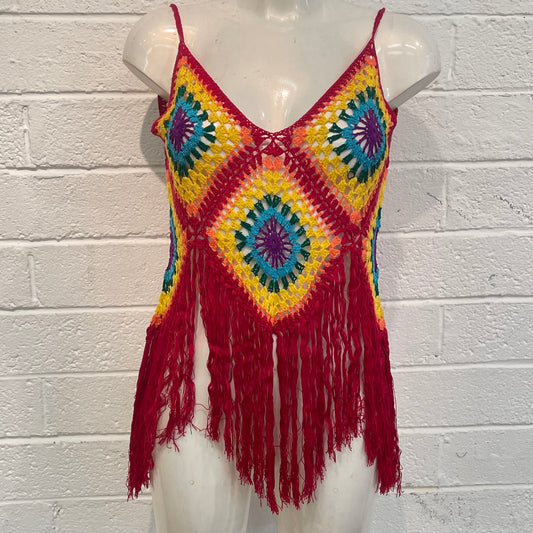 Rainbow and Red Fringe Crochet Top