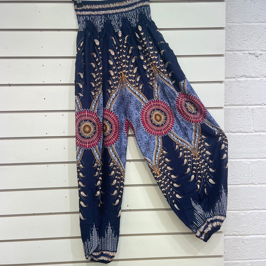 Navy Peacock Feather Mandala Pattern Pants