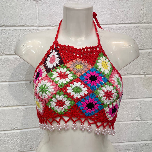 Pearl Drop Crochet Vest - Red