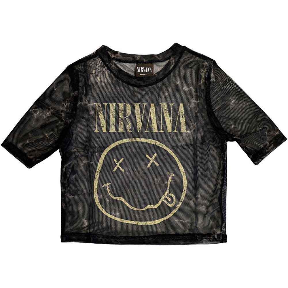 NIRVANA Yellow Smiley Mesh Crop Tee