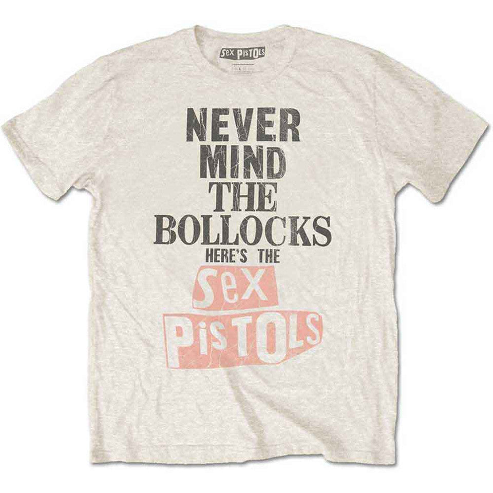 THE SEX PISTOLS UNISEX T-SHIRT: NEVER MIND THE BOLLOCKS DISTRESSED NATURAL