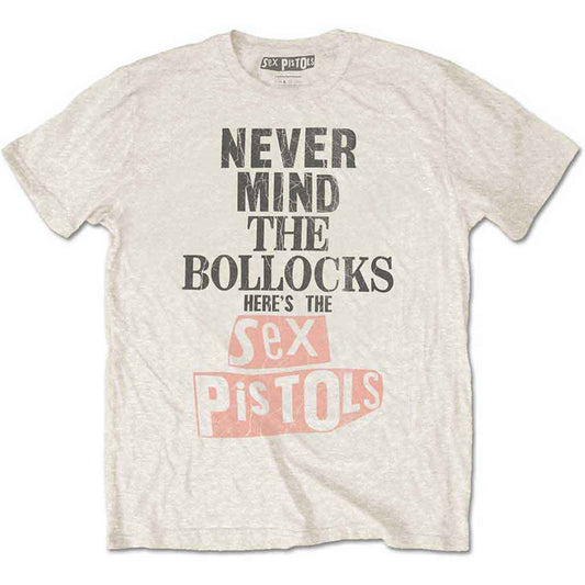 THE SEX PISTOLS UNISEX T-SHIRT: NEVER MIND THE BOLLOCKS DISTRESSED NATURAL