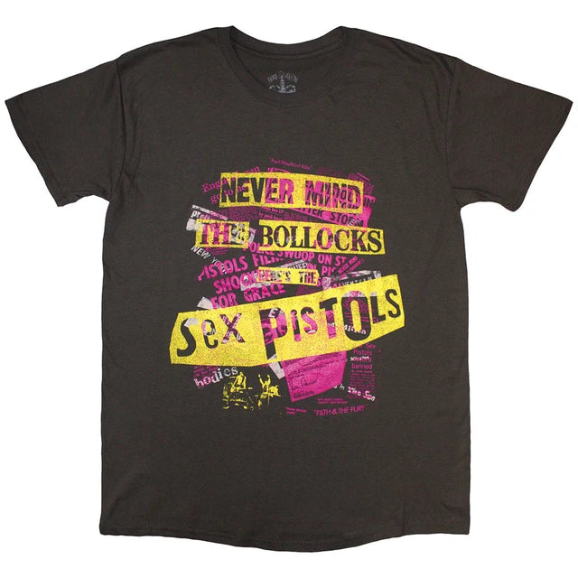 THE SEX PISTOLS UNISEX T-SHIRT: NEVER MIND THE BOLLOCKS GREY & PINK